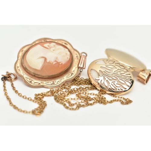 103 - AN OVAL LOCKET, CAMEO PENDANT AND CHAIN, oval open work tree of life locket, fitted with a tapered b... 