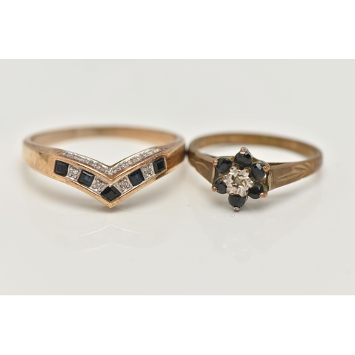 104 - TWO GEM SET RINGS, the first a sapphire floral cluster, set with a single cut diamond to the centre,... 