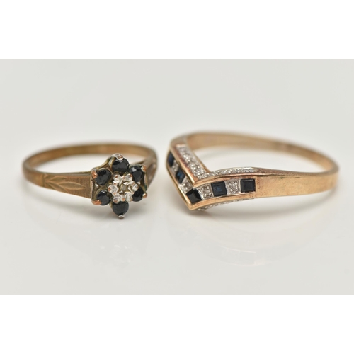 104 - TWO GEM SET RINGS, the first a sapphire floral cluster, set with a single cut diamond to the centre,... 