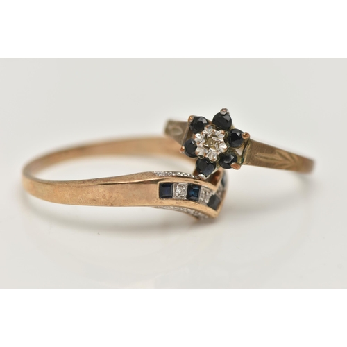 104 - TWO GEM SET RINGS, the first a sapphire floral cluster, set with a single cut diamond to the centre,... 