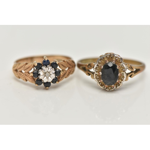 105 - TWO GEM SET RINGS, the first an oval cut sapphire with a diamond set scalloped surround, yellow gold... 