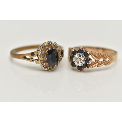 105 - TWO GEM SET RINGS, the first an oval cut sapphire with a diamond set scalloped surround, yellow gold... 