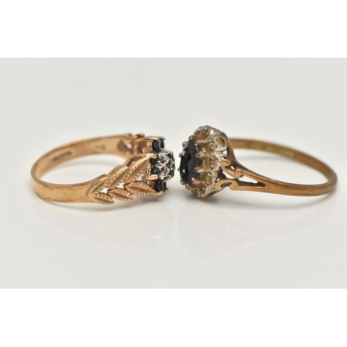 105 - TWO GEM SET RINGS, the first an oval cut sapphire with a diamond set scalloped surround, yellow gold... 