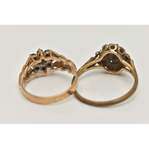 105 - TWO GEM SET RINGS, the first an oval cut sapphire with a diamond set scalloped surround, yellow gold... 