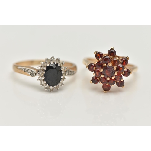 106 - TWO GEM SET RINGS, the first a garnet cluster, prong set in yellow gold, hallmarked 9ct London, ring... 