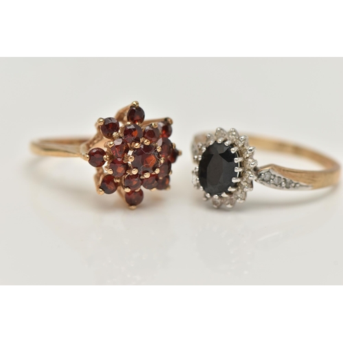 106 - TWO GEM SET RINGS, the first a garnet cluster, prong set in yellow gold, hallmarked 9ct London, ring... 