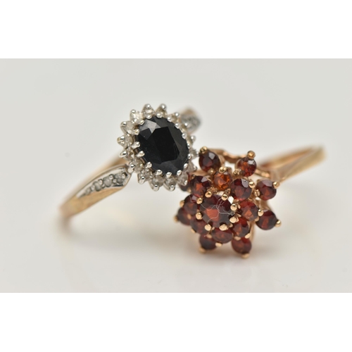 106 - TWO GEM SET RINGS, the first a garnet cluster, prong set in yellow gold, hallmarked 9ct London, ring... 