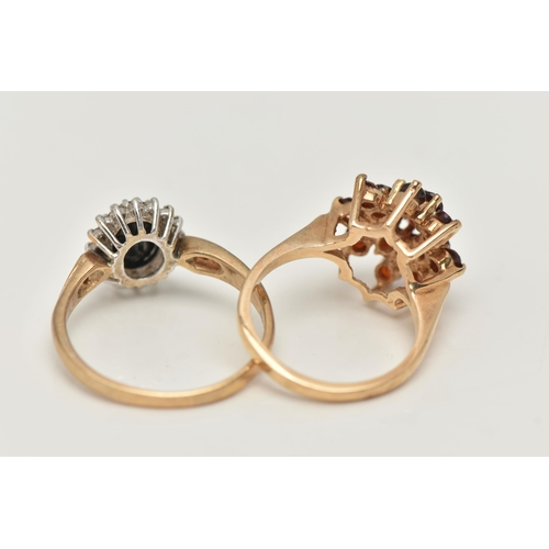 106 - TWO GEM SET RINGS, the first a garnet cluster, prong set in yellow gold, hallmarked 9ct London, ring... 