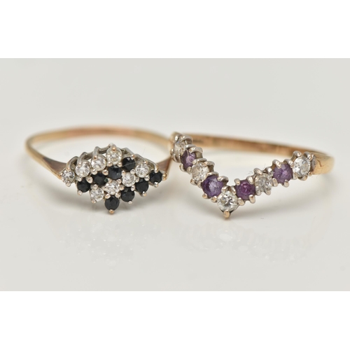 108 - TWO GEM SET RINGS, the first a wishbone style ring, set with circular cut amethyst and cubic zirconi... 