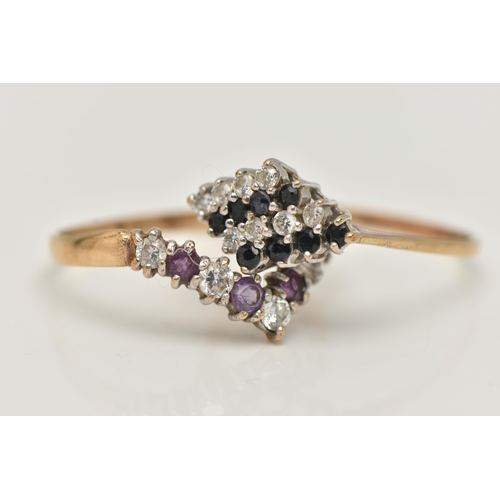 108 - TWO GEM SET RINGS, the first a wishbone style ring, set with circular cut amethyst and cubic zirconi... 