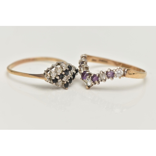 108 - TWO GEM SET RINGS, the first a wishbone style ring, set with circular cut amethyst and cubic zirconi... 