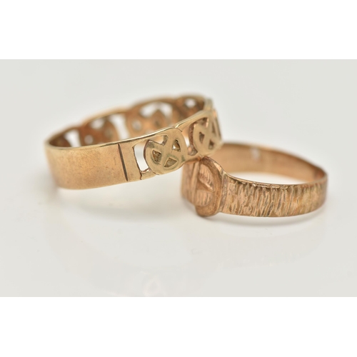 109 - TWO 9CT GOLD RINGS, the first a Celtic style band ring, approximate width 6mm, hallmarked 9ct Birmin... 