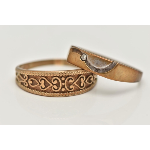 110 - TWO 9CT GOLD RINGS, the first a band ring with raised scrolling detail, hallmarked 9ct Birmingham, r... 