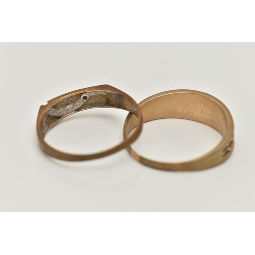 110 - TWO 9CT GOLD RINGS, the first a band ring with raised scrolling detail, hallmarked 9ct Birmingham, r... 