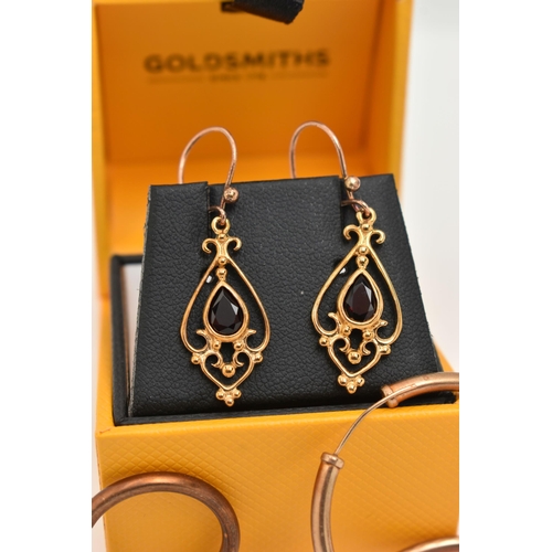 112 - THREE PAIRS OF EARRINGS, the first a pair of modern open work drop earrings, each set with a pear cu... 