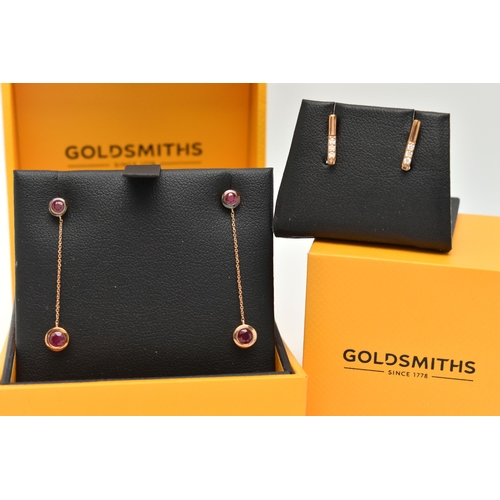 113 - TWO PAIRS OF MODERN EARRINGS, the first a pair of 9ct rose gold and ruby drop earrings, approximate ... 