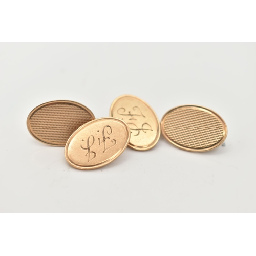 115 - A PAIR OF 9CT GOLD CUFFLINKS, oval form cufflinks with chain link fittings, monogram engraving and e... 