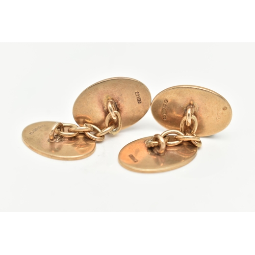 115 - A PAIR OF 9CT GOLD CUFFLINKS, oval form cufflinks with chain link fittings, monogram engraving and e... 