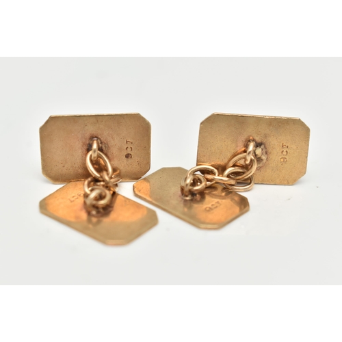 116 - A PAIR OF YELLOW METAL CUFFLINKS, rectangular form cufflinks with chain link fittings, monogram engr... 