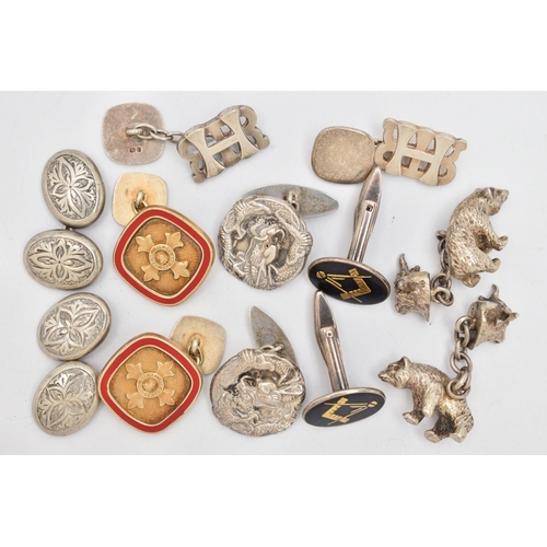 117 - AN ASSORTMENT OF SILVER AND WHITE METAL CUFFLINKS, to include a pair of silver gilt and red enamel c... 