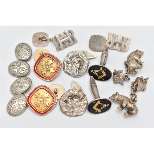 117 - AN ASSORTMENT OF SILVER AND WHITE METAL CUFFLINKS, to include a pair of silver gilt and red enamel c... 