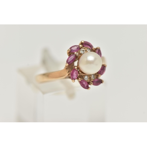 121 - A 9CT GOLD CULTURED PEARL, RUBY AND DIAMOND RING, AND A LOCKET, the ring designed as a central cultu... 