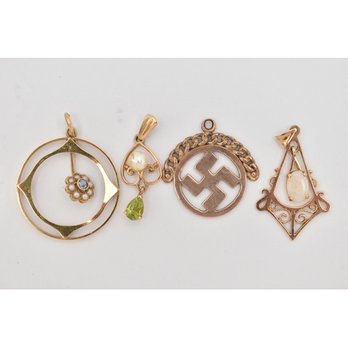 123 - FOUR 9CT GOLD PENDANTS, to include an early 20th century circular pendant suspending a central sapph... 