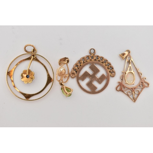 123 - FOUR 9CT GOLD PENDANTS, to include an early 20th century circular pendant suspending a central sapph... 