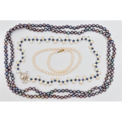 128 - THREE CULTURED PEARL NECKLACES, the first a single row of white cultured pearls with a pink hue, eac... 