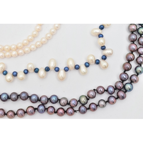 128 - THREE CULTURED PEARL NECKLACES, the first a single row of white cultured pearls with a pink hue, eac... 