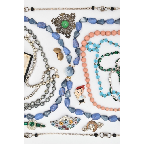 77 - A BAG OF ASSORTED COSTUME JEWELLERY, to include a blue glass bead necklace, a pink bead necklace wit... 