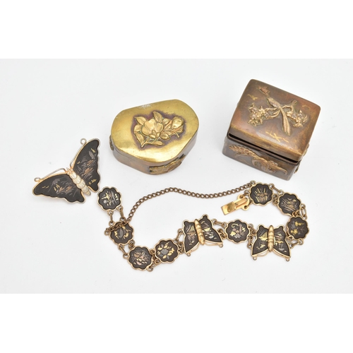 78 - A DAMASCENE BROOCH, AND BRACELET WITH TWO BOXES, damascene butterfly brooch, fitted with a brooch pi... 