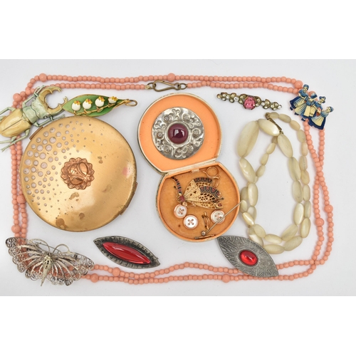 80 - A COMPACT AND COSTUME JEWELLERY, circular powder compact, a box with three mother of pearl dress stu... 