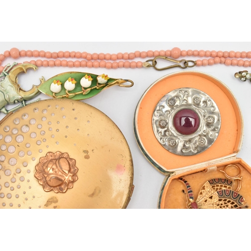 80 - A COMPACT AND COSTUME JEWELLERY, circular powder compact, a box with three mother of pearl dress stu... 