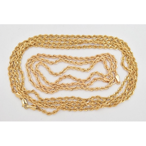 92 - TWO 9CT GOLD ROPE TWIST CHAINS, the first fitted with a spring clasp, hallmarked 9ct Sheffield, leng... 