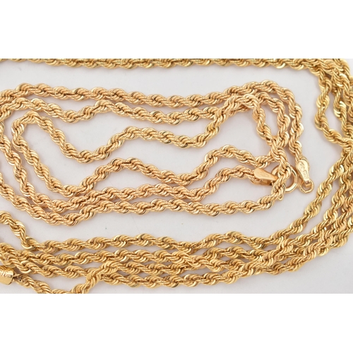 92 - TWO 9CT GOLD ROPE TWIST CHAINS, the first fitted with a spring clasp, hallmarked 9ct Sheffield, leng... 