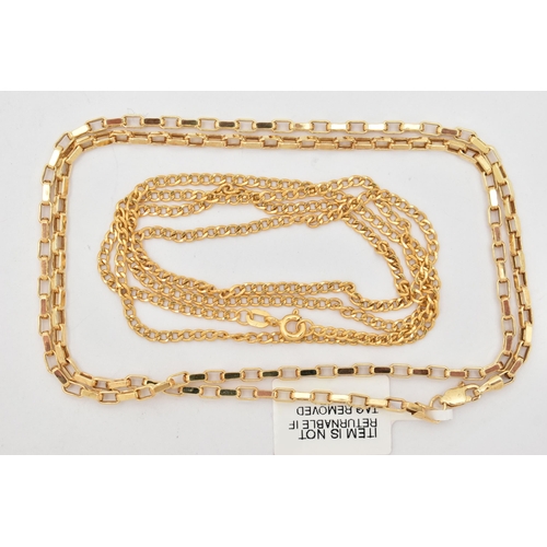 94 - TWO 9CT GOLD CHAINS, the first a box link chain fitted with a lobster clasp, hallmarked 9ct Sheffiel... 