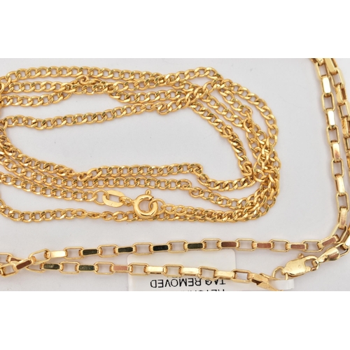 94 - TWO 9CT GOLD CHAINS, the first a box link chain fitted with a lobster clasp, hallmarked 9ct Sheffiel... 