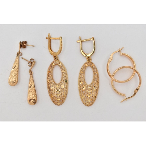 98 - THREE PAIRS OF HOOP EARRINGS, to include a pair of textured open work drop earrings, to the lever fi... 