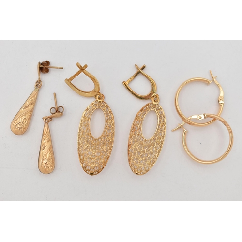 98 - THREE PAIRS OF HOOP EARRINGS, to include a pair of textured open work drop earrings, to the lever fi... 