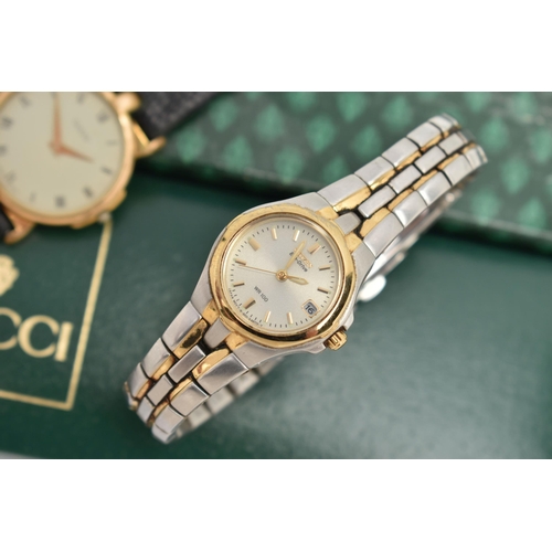 134 - THREE WRISTWATCHES, to include a ladies boxed 'Gucci' quartz wristwatch, stamped to the case back '3... 