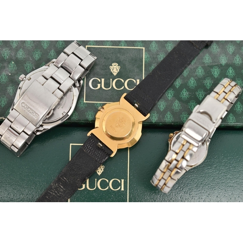 134 - THREE WRISTWATCHES, to include a ladies boxed 'Gucci' quartz wristwatch, stamped to the case back '3... 