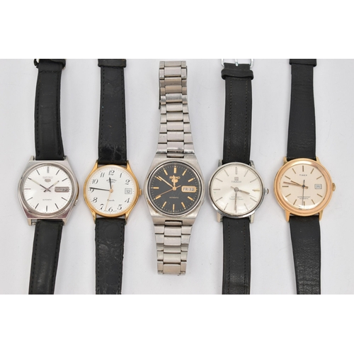 135 - FIVE GENTS WRISTWATCHES, to include a 'Tissot, Automatic SeaStar Seven', round silver dial, baton ma... 