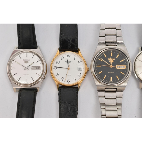 135 - FIVE GENTS WRISTWATCHES, to include a 'Tissot, Automatic SeaStar Seven', round silver dial, baton ma... 