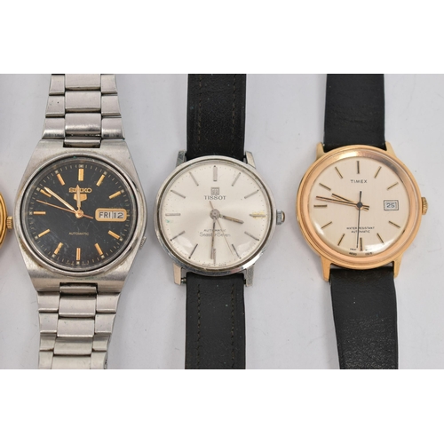 135 - FIVE GENTS WRISTWATCHES, to include a 'Tissot, Automatic SeaStar Seven', round silver dial, baton ma... 