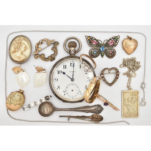 136 - A YELLOW METAL THREE STONE RING, BROOCH, SILVER POCKET WATCH AND OTHER PIECES OF JEWELLERY, a three ... 