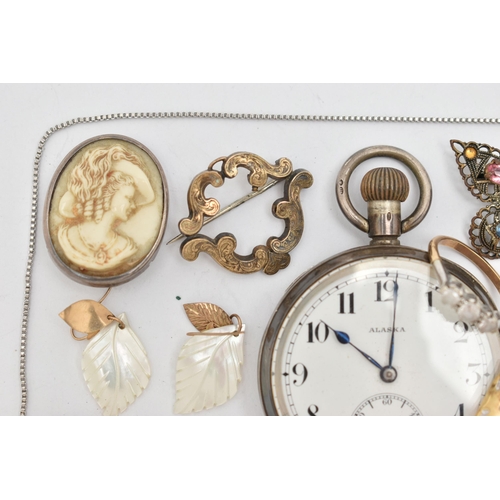 136 - A YELLOW METAL THREE STONE RING, BROOCH, SILVER POCKET WATCH AND OTHER PIECES OF JEWELLERY, a three ... 