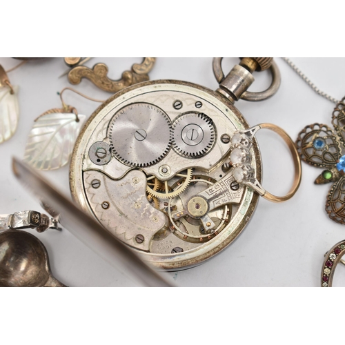 136 - A YELLOW METAL THREE STONE RING, BROOCH, SILVER POCKET WATCH AND OTHER PIECES OF JEWELLERY, a three ... 