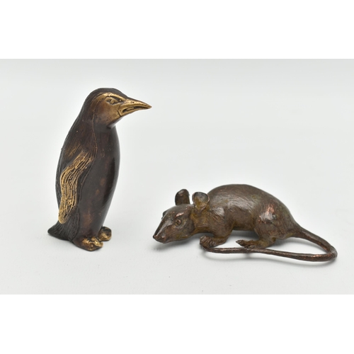 139 - TWO BRONZE FIGURES, one in the form of a penguin the other in the form of a mouse, unsigned