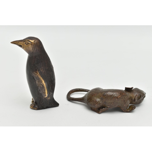 139 - TWO BRONZE FIGURES, one in the form of a penguin the other in the form of a mouse, unsigned